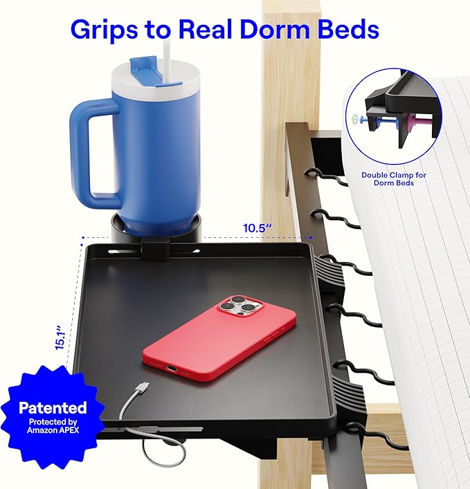 BedShelfie Bedside Shelf for Dorm Room Bunk Bed & Top Bunk, College Dorm Room Essentials, Bedside Caddy, Clip on Floating Tray, Bed Side Table Storage, Loft Nightstand Decor, Black