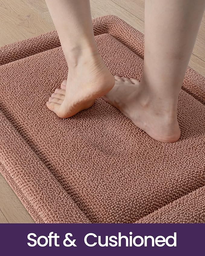 DEXI Memory Foam Bath Mat 32x20, Soft Absorbent Chenille Bathroom Rug, Non Slip Quick Dry Bath Mats for Bathroom, Thick Plush Floor Carpet for Tub Shower, Sink, Shrimp Red