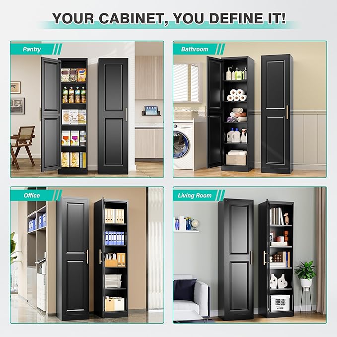 SISESOL 71" Tall Narrow Storage Cabinet with 1 Door and 5 Shelves,Slim Kitchen Pantry Cabinet,Black Metal Bathroom Cabinets,Large Cupboard for Home,Kitchen,Laundry,Bathroom