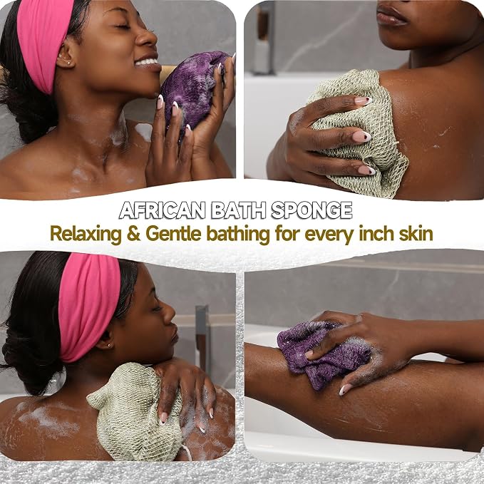SubSahara Authentic African Net Sponge - 2 Pieces Exfoliating Scrubber for All Skin Types, Bath Sponge for Face & Body, Travel Portable, Durable, Gentle Exfoliation (Berry & Sage Green)