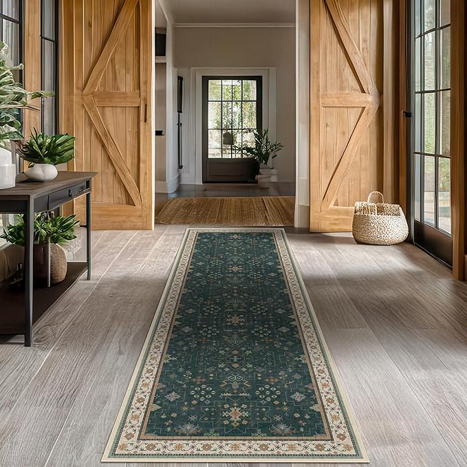 Dark Green 3x8 Wide Hallway Runner Rug - Modern Vintage Boho Floral Moody, Washable Low Pile Non-Slip Area Rugs for Large Entryway, Door Mat Indoor Entrance, Kitchen, Bedroom Beside Bed