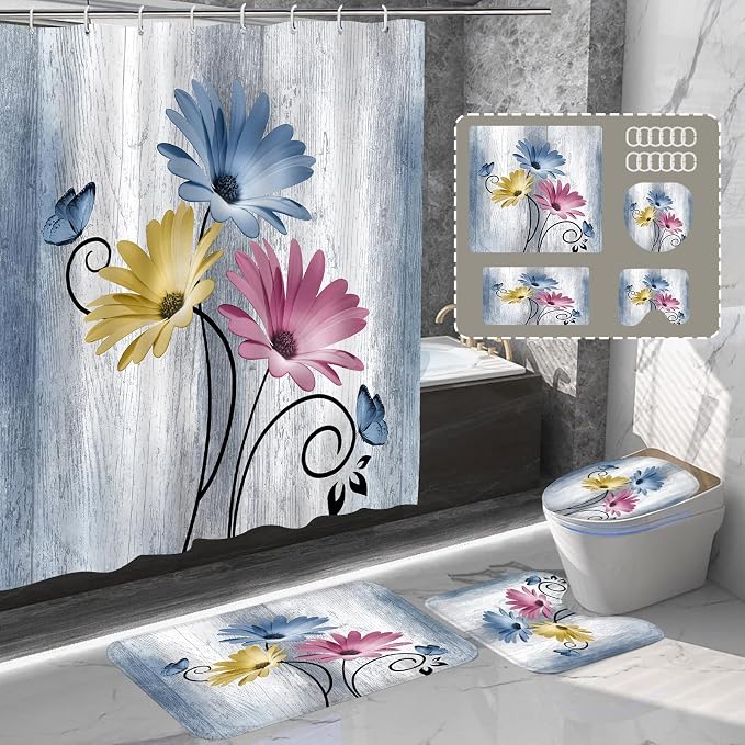 Onalasyc 4PCS Country Hot Pink Daisy Flower Farmhouse Shower Curtain Set with Shower Curtain and Carpet and Accessories, Waterproof Bathroom Shower Curtain Decorative Set with 12 pcs Hooks,71 x 71in