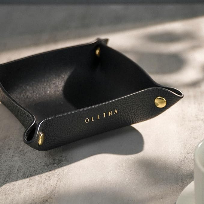OLETHA Small Foldable Valet Tray - Aesthetic Desk Organizer for Home, Office & Travel - Portable Catch All Bowl for Keys, Jewelry & Essentials - Black