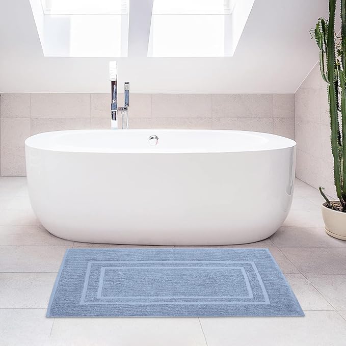Feather & Stitch 2 Piece Towel Like Bath Mats (30x21 Inch) 100% Cotton Terry Bath Mats, Bathroom Shower Floor Mats [NOT A Bathroom Rug], Soft Absorbent Washable Mats - Pool Blue