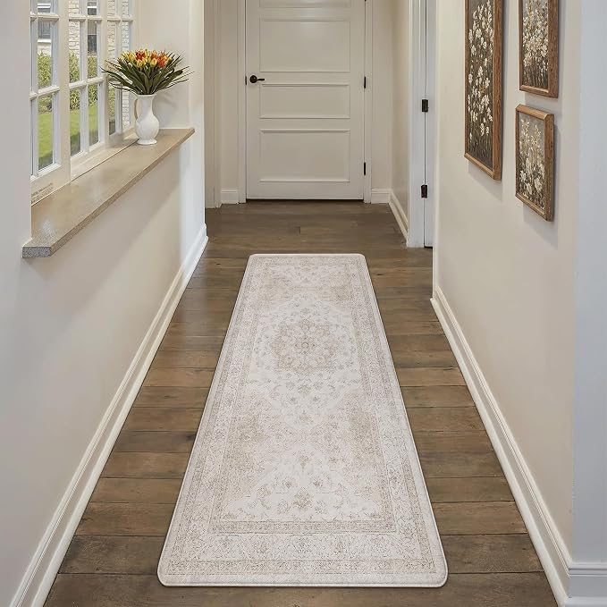 PureCozy Kitchen Mats 2PCS Anti Fatigue Cushioned Mat Beige Vintage Kitchen Mats for Floor Waterproof Non Slip Comfort Standing Oriental Medallion Rug for Sink Laundry Office 17.3"x59"+17.3"x30"