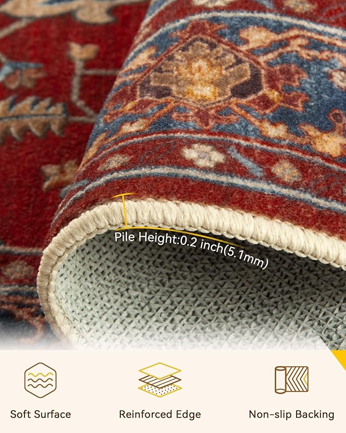 RELEANY Area Rugs Large 10'x14' Washable Non-Slip, Floral Vintage Distress Medallion Carpet for Living Room Bedroom Dining Room, Red Blue
