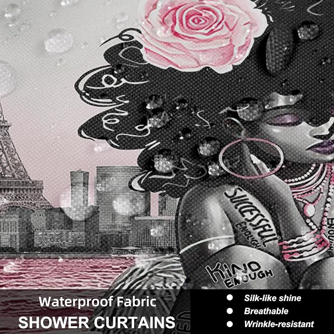 4Pcs Black Girls Bathroom Sets with Shower Curtain and Rugs, African Shower Curtain Set for Women, Eiffel Tower Pink Pattern Waterproof Fabric with 12 PCS Hooks, Cortina de baño Set completo