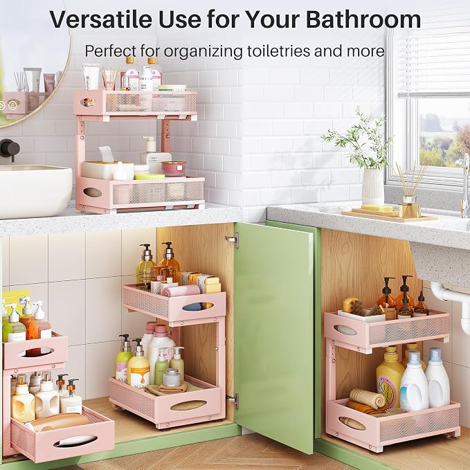 2 Pack Under Sink Organizer, 2 Tier Pull out Cabinet Organizer Mesh Baskets with 5 Adjustable Heights, Sliding Drawers Storage Shelf for Home, Kitchen, Bathroom, Pantry, Office, Countertop ,Pink