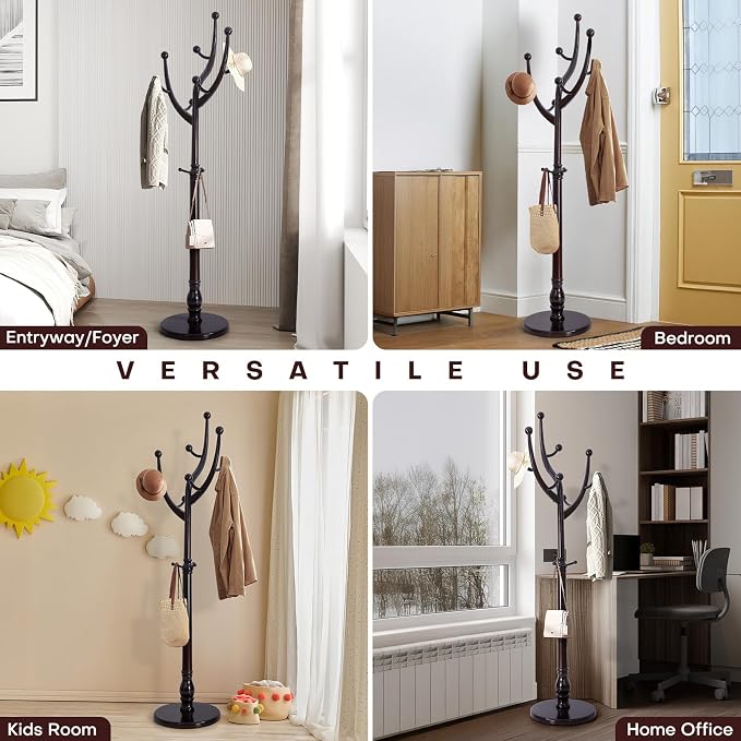 Bekrvio Tree Coat Rack Freestanding with Round Base, Unique Coat Hanger Stand, Heavy Duty Standing Coat Rack Clothes Stand for Winter Jacket, Hat, Entryway/Hallway/Bedroom, Red Brown