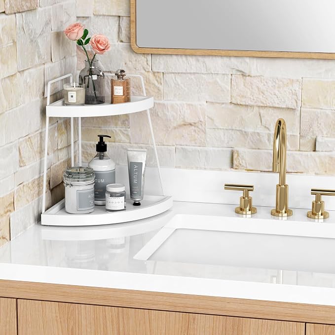 Forbena White 2 Tier Corner Bathroom Counter Organizer, Bathroom Countertop Shelf Organizer for Kitchen Sink, 2 Tier Makeup Vanity Tray for Dresser Tops Decor, Corner Shelf for Girls Bedroom (White)