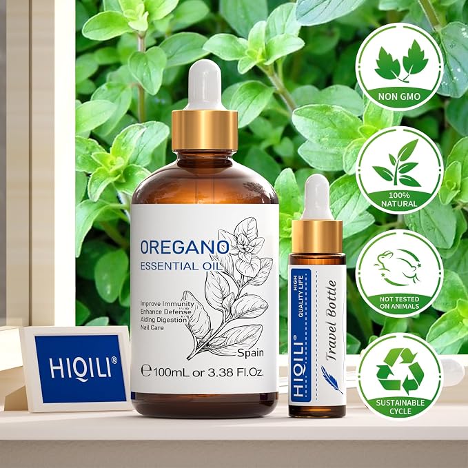 HIQILI 100 ML Oregano Essential Oil, 100% Pure Natural Oregano Oil for Diffuser, Skin, Cleaning - 3.38 Fl Oz