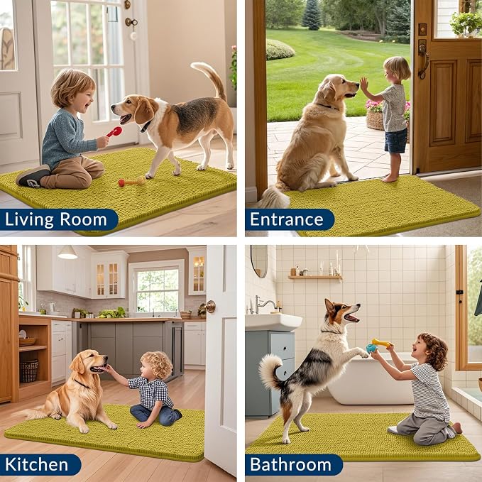 Smiry Dog Door Mat for Muddy Paws 30x20, Absorbent Dirt Trapper, Non-Slip Washable Chenille Entryway Rug for Inside Floor, Mustard Yellow, Classic Solid