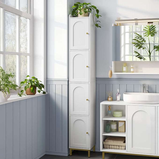 Hzuaneri 4-Tier Narrow Tall Storage Cabinet, Slim Bathroom Storage Cabinet with 4 Adjustable Feet and Shelves, Bathroom Organization for Small Space, Kitchen, Living Room, Laundry Room White BC43313G