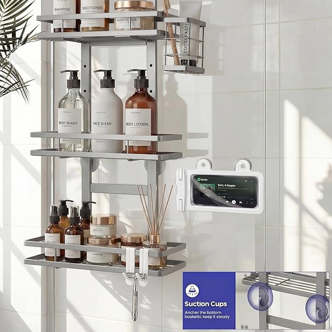Over the Door Shower Caddy Hanging, Rustproof Shower Shelves with Waterproof Phone Pouch, Adjustable Bathroom Organizers and Storage, No Drilling Shampoo Soap Shelf (Silver 3-Tier)