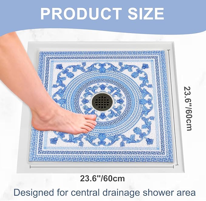 Square Shower Mat Non Slip: 24x24 Inch Extra Large Shower Mats with Drain Hole in Middle -Anti Slip Shower Mats for Inside Shower -Loofah Shower Floor Mat Bath Mat for Shower Stall Bathtub Elderly