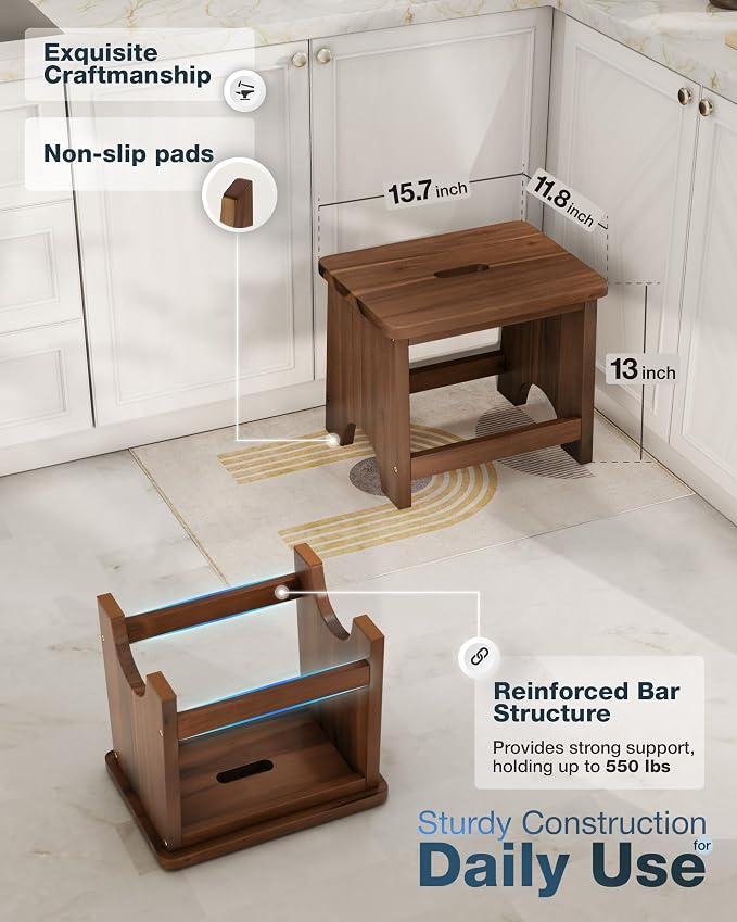 FANATU 13'' Wooden Step Stool, Non-Slip One Step Stool for Adults, Portable Heavy Duty Design with 550lbs Capacity, Nonslip & Durable Construction (Rich Walnut, 13in Height)