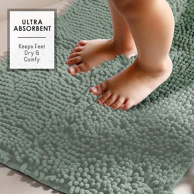 Hearth & Harbor Bathroom Rugs, Chenille Bath Mat - Machine Washable Bath Mats for Bathroom Non-Slip Backing Rubber, Quick Dry Bathroom Mat, 20 x 32 - Ice Green