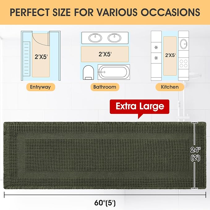 Extra Large Waffle Bath Mat, Boho Woven Modern Bath Rug Absorbent Non Slip, Ultra Soft Bathroom Mats, Machine Washable Knit Bath Rugs with Tassels for Bathroom, Bedroom, Kitchen, 5'x2', Dark Green