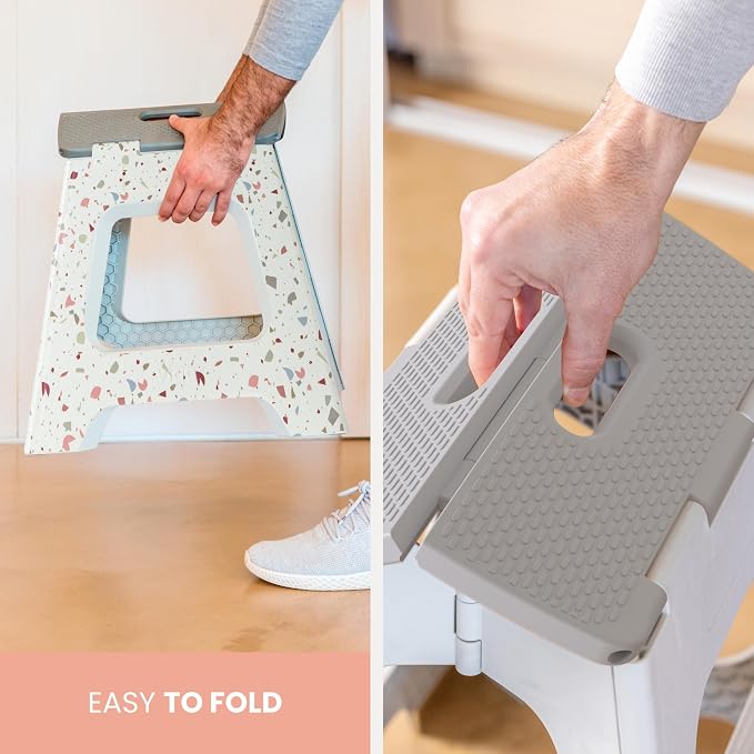 Vigar Compact Folding Step Stool - 12-1/2 Inch Foldable Step Stool for Adults, Lightweight Portable Stool with Handle, Non Slip Step Stool, Space-Saving Stool up to 330 lb - Grey, Terrazo Pattern