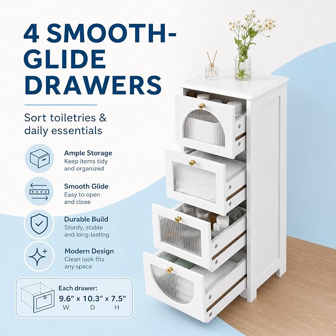 Garvee Bathroom Floor Storage Cabinet, Freestanding Storage Organizer with 4 Drawers for Narrow Spaces, Small White Side Cabinet for Living Room Hallway, 11.8" W x 11.8" D x 33.1" H