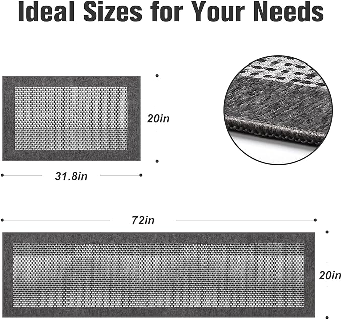 StepRite Kitchen Mats for Floor, Non-Slip Kitchen Rugs Set of 2 PCS, Super Absorbent Washable Kitchen Mats with Rubber Backing, Runner Mats for Front of Sink (20"x32"+20"x72" Grey)