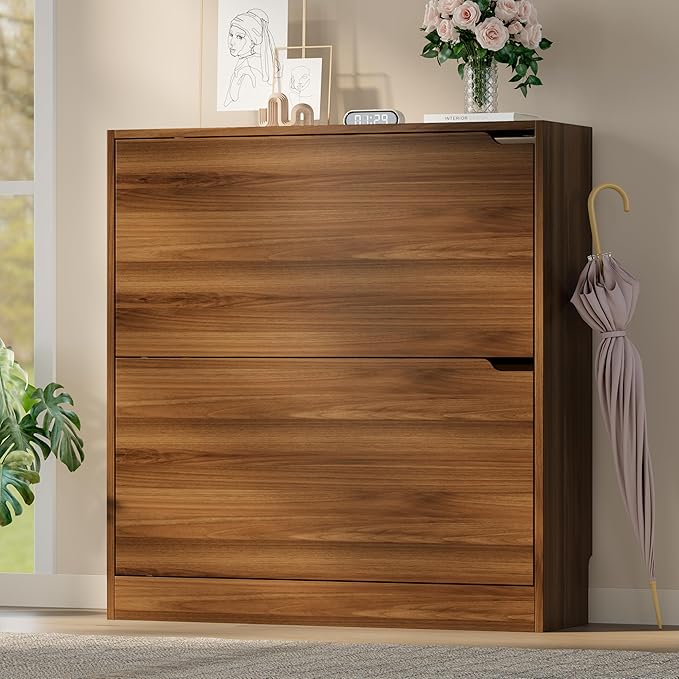 BORNOON Shoe Cabinet with 2 Flip Drawers, Slim Narrow Shoe Storage Cabinet, Freestanding Shoe Organizer with Adjustable & Removable Shelves, Top Display Shelf for Entryway, Hallway, Foyer, Closet