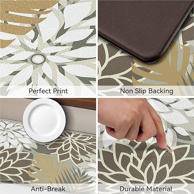 Arenarug Kitchen Mats for Floor 2PCS Cushioned Anti Fatigue Kitchen Mats Waterproof Non Slip Kitchen Mat Rug Set Comfort Foam Standing Mat for Sink, Laundry, Office, 24"x39"+24"x59", Brown White