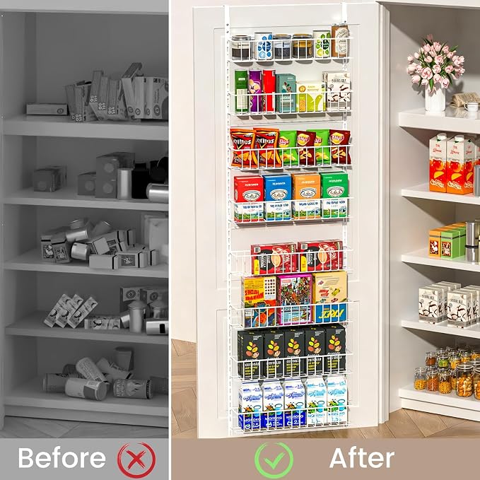 ElegantArray 8-Tier Pantry Door Oragnizer, Over The Door Pantry Organizer Rack and Storage, Hanging Spice Rack Shelves Door, Home Office Laundry Room Bathroom & Kitchen Organization, White