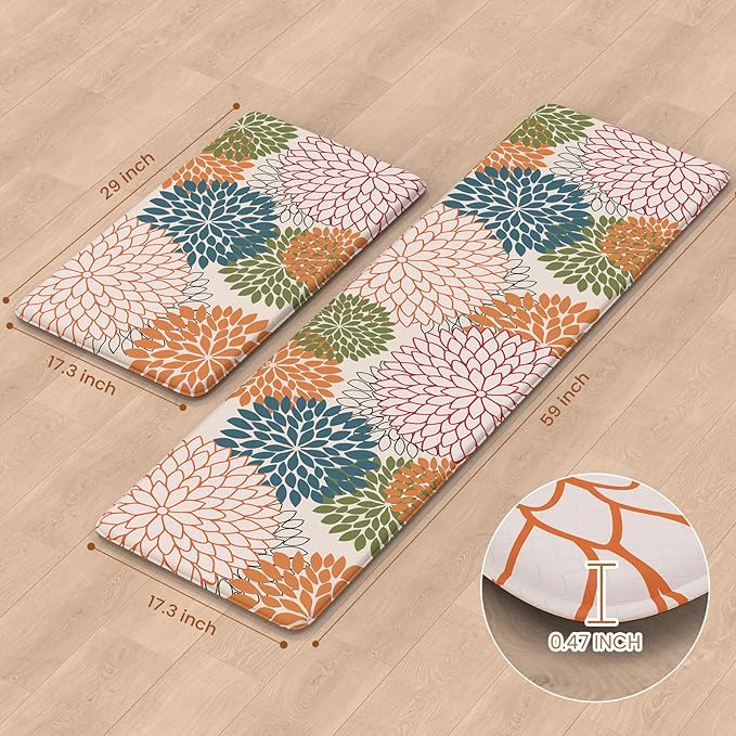 Collive Kitchen Rugs and Mats Cushioned Anti Fatigue Kitchen Mat 2PCS Non-Skid Waterproof Kitchen Runner Rug Comfort Foam Standing Mat for Floors,Office,Laundry,Sink,Floral
