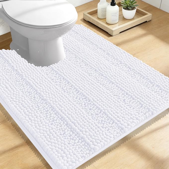 OLANLY Thick Toilet Rugs U-Shaped 24x20, Extra Soft Absorbent Chenille Striped Contour Bathroom Rugs for Toilet, Dry Quickly, Machine Washable, Non-Slip Bath Mat, White