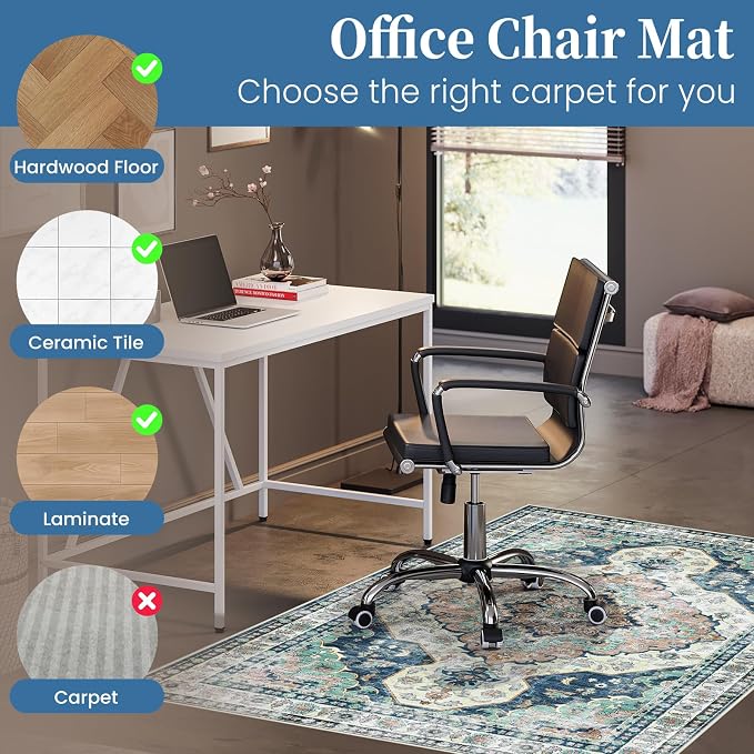 Office Chair Mat for Hardwood Floor&Tile Floor,36"X 48" Heavy Duty Desk Chair Mat for Hard Floors,Under Desk Rug for Rolling Computer Chair,Anti Slip,Low Pile Carpet Floor-Blue Flower