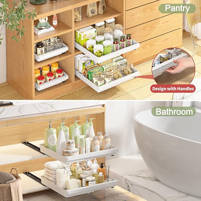4 Pack Pull Out Cabinet Organizers Expandable (11.6''-17.5''), Plastic Slide Out Drawers for Kitchen, Bathroom, Pantry, Under Sink Storage, Pull Out Drawers Fixed with Adhesive Nano Film (White)