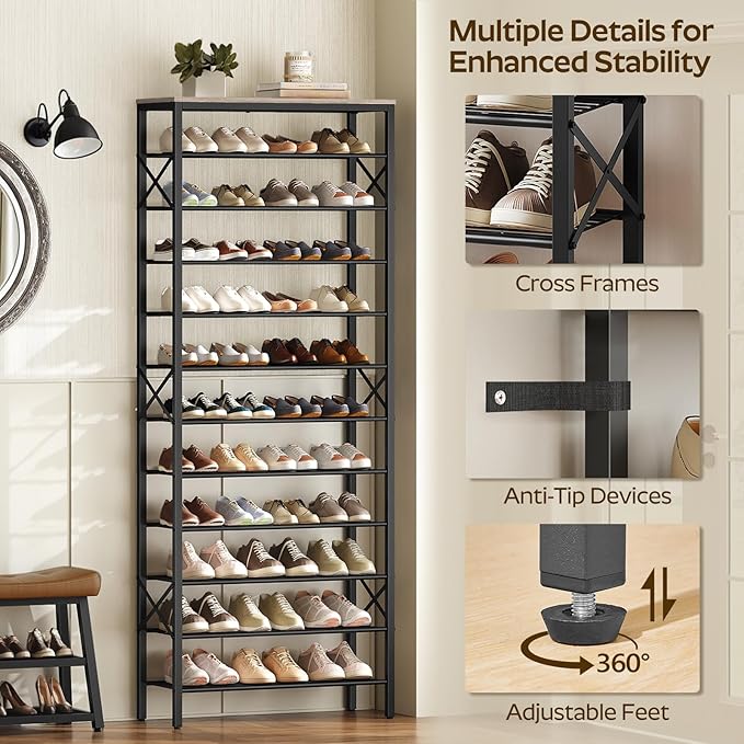 YATINEY 12 Tier Shoe Rack, Large Capacity Shoe Storage Organizer Holds 48 Pairs, Sturdy and Stable, for Entryway, Hallway, Closet, Dorm Room, Greige and Black SS12BG