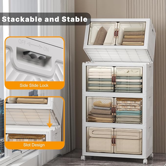 UAMFURI Stackable Storage Bins with Lids, 896QT Closet Organizers and Storage with Doors and Wheels, Extra Large Storage Cabinet, Collapsible Plastic Drawers for Bedroom Dorm Office Garage
