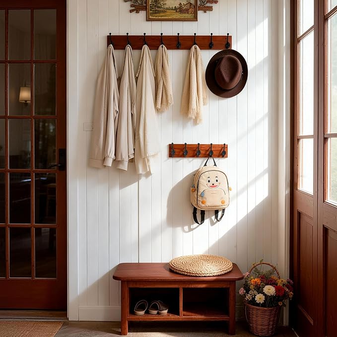 WEBI Rustic Coat Rack Wall Mount,35.43" Long 8 Cast Iron Coat Hooks Wall Mounted,Heavy Duty Wood Wall Coat Hanger Hooks for Hanging Coats,Jacket,Clothes,Backpack,Farmhouse,Cherry,2 Packs