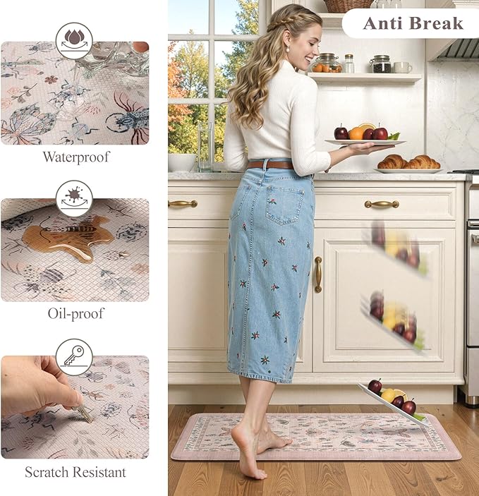 LEEVAN Anti Fatigue Mats for Kitchen Floor Non-Slip, Cushioned Kitchen Mats for Floor 2 Piece, Pink Memory Foam Kitchen Mat Set, Waterproof Ergonomic Standing Mat for Bar, Office,Desk, Laundry