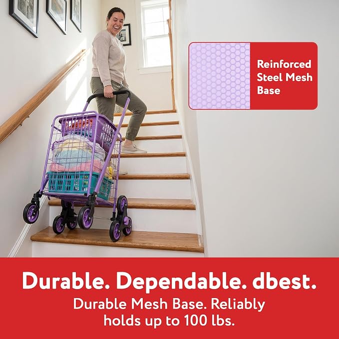 dbest Products Stair Climber Cruiser Cart Shopping Grocery Rolling Folding Laundry Basket on Wheels Foldable Utility Trolley Compact Lightweight Collapsible, Purple