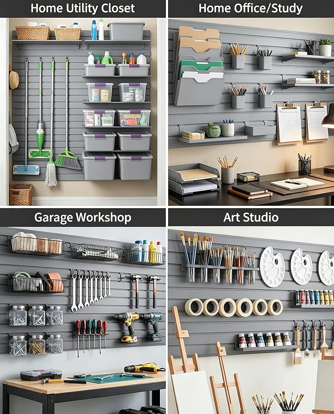 FRAYSCENT Slat Wall Paneling Garage Wall Organizer, Slatwall Panels Garage Tool Organizer Wall Mount Garage Slat Wall Storage Systems, Slat Board PVC Wall Panels (Gray, 8ftx4ft with 2H Trim)