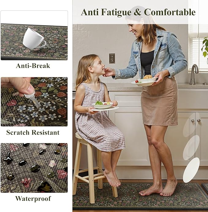 Collive Anti Fatigue Kitchen Mats, Spring Green Floral Kitchen Rugs Sets of 2 Non Slip Waterproof Standing Mat, Washable Vintage Comfort Desk Rug for Office, Sink, Laundry, 17.3"x29"+17.3"x47"
