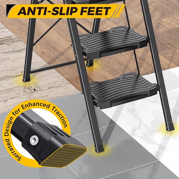 KINGRACK 4 Step Folding Ladder - Steel Step Stool with Handrail, Wide Pedal, 800 lbs Capacity – Foldable Heavy Duty Ladder for Home, Kitchen – Black
