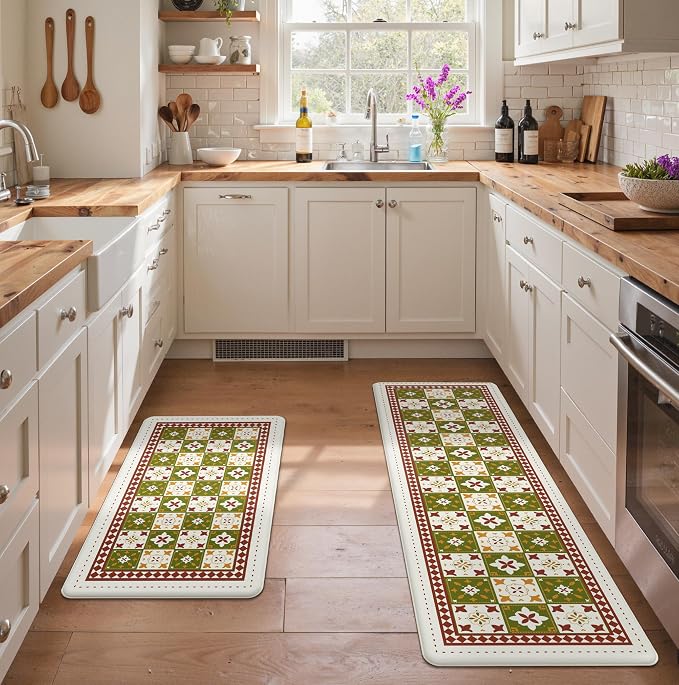 GENIMO Anti Fatigue Kitchen Mats for Floor, Cushioned Non Slip Kitchen Rug, Waterproof Kitchen Floor Mat Runner, Kitchen Mat for Laundry, Sink, Office, Entryway, 17.3"x59"+17.3"x30", Green