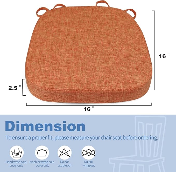 BUYUE Thickened 2.5" Friendly Woven Fabric Dining Chair Cushion, U-Shape High Density Foam Comfortable Chair Pad for Kitchen, Slip Resistant Indoor Seat Cushion (1 Piece, Orange)
