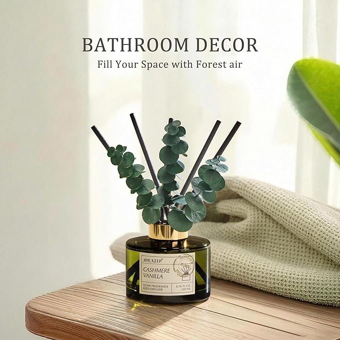Airkeep Reed Diffuser Set with 6.76 fl oz Cashmere Vanilla Scent Essential Oils and 3 Leaves & 8 Diffuser Sticks,Bathroom Shelf Decor & Air Freshener, House Bedroom Office Decor & Gifts