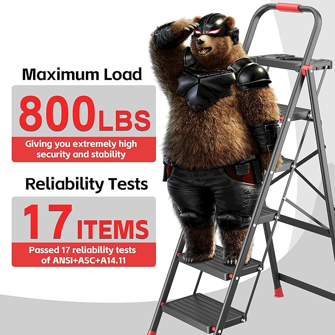 DIAMONDFORGE 5 Step Foldable Ladder with Multifunctional Tool Tray, Iron, Platform Ladders Stepstools, Folding with Non-Slip Pedals, 800 lbs Bearing Capacity for Adults/Home/Kitchen, Black Red