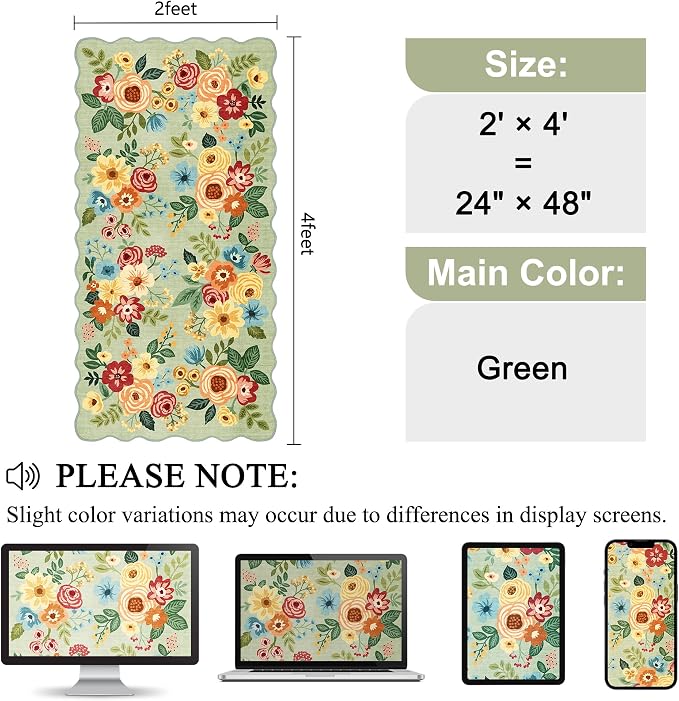DUKINO 2x4 Washable Runner Rugs, Non Slip Floral Print Entryway Rug with Soft Low Pile, Lightweight Mat for Living Room, Bathroom, Bedroom, Kitchen, Green