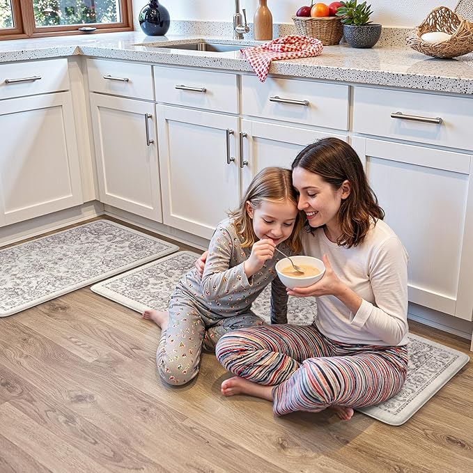 KIMODE Comfort Kitchen Floor Mats Cushioned Anti Fatigue,Boho Vintage Floral Kitchen Rugs Sets of 2,Ergonomic Memory Foam Carpet Non Slip for Sink Laundry Office,Purple Grey 17"x29.5"+17" x47”