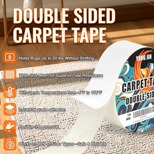 YONGJIN Double Sided Carpet Tape - Heavy Duty Rug Tape Gripper for Hardwood Floors No Damage, Secures Area Rugs, Laminate & Tile (2 Inch x 10 Yards)