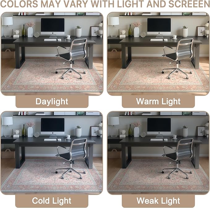 48"x60" Office Chair Mat for Hardwood Tile Floor, Under Desk Carpet Protector for Rolling Computer Chair Mat, Machine Washable Area Rug, Anti-Slip 1/5" Thick Low Pile Thin Vinyl Floor Mat, Pink