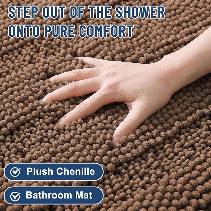 Grandaily Chenille Striped Bathroom Rugs 36x24, Extra Thick and Soft Absorbent Bath Mats, Rubber Backing, Plush Shaggy Shower Carpet, Machine Wash Dry, Bath Rug for Bathroom, Mocha