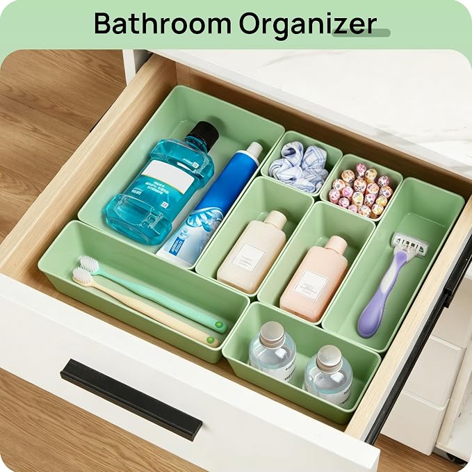 Vtopmart 25 PCS Plastic Drawer Organizers Set, 4-Size Versatile Bathroom and Vanity Drawer Organizer Trays, Storage Bins for Makeup, Bedroom, Kitchen Gadgets Utensils and Office